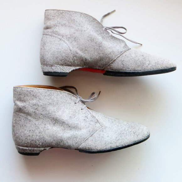 Christian Louboutin Grey Pony Hair Lace-Up Boots Designer Red Sole Ankle Booties - Picture 12 of 16